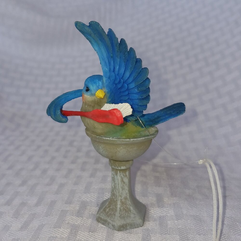 GALERIE II Blue Bird Bathing in Bird Bath Hanging Ornament